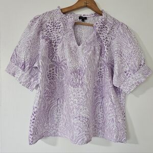 Talbots Womens Top L Linen Cottage Smocked Peasant Boho Floral Puff Sleeve